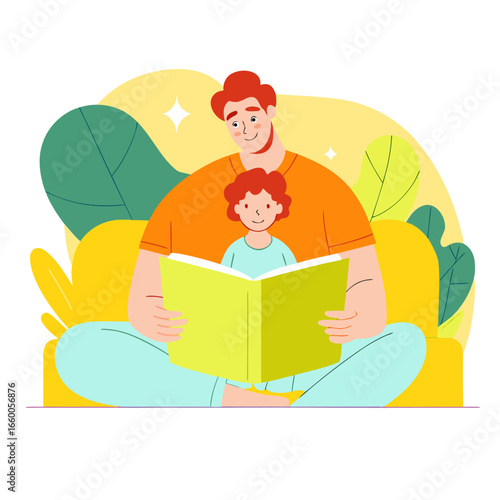 Vector illustration of father and son reading together.