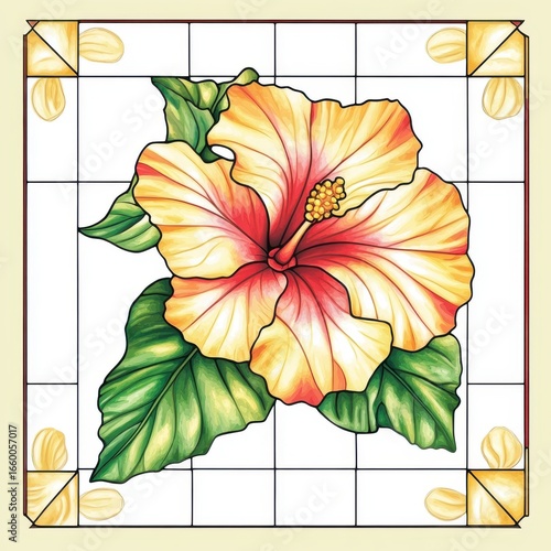Yellow Red Hibiscus Flower Illustration with Green Leaves and Beige Frame