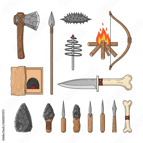 Collection of prehistoric tools and weapons, including axe, spear, bow, knife, and fire.