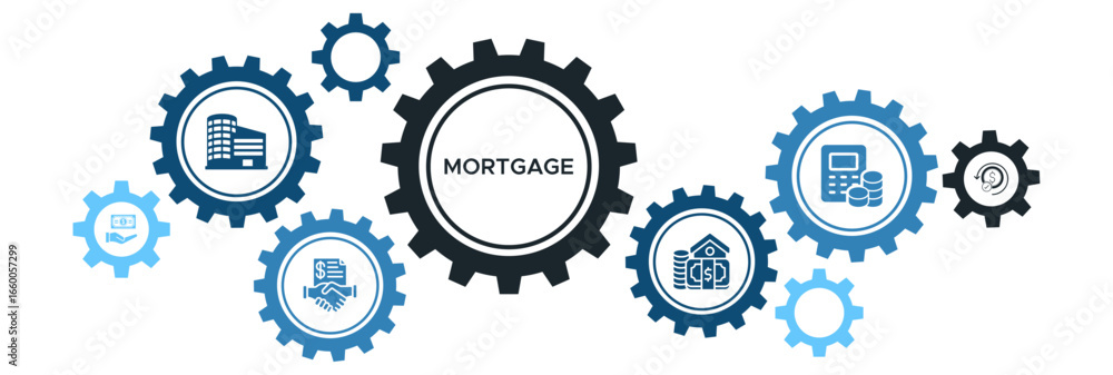 Fototapeta premium Mortgage and Property Financing Banner Icons: Loan Agreements, Estate Management, Asset Repayment, Financial Calculations, and Property Investment