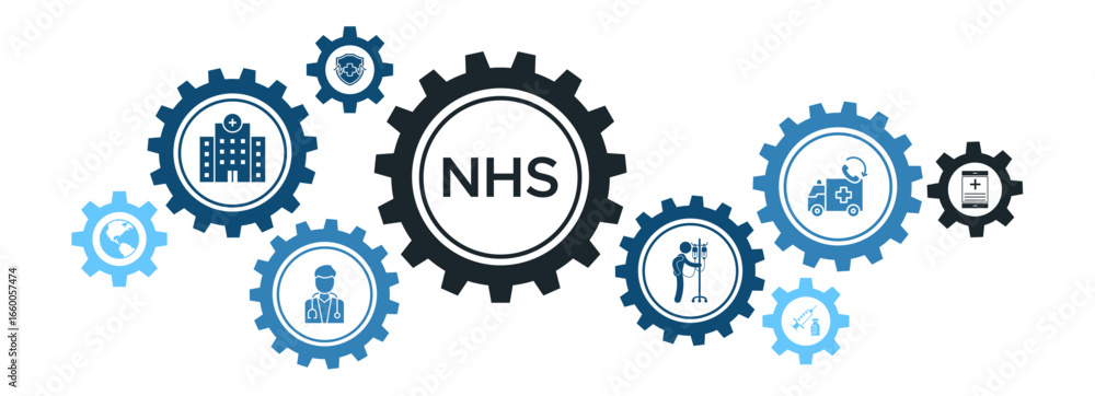 Obraz premium NHS (National Health Service) Banner Vector Concept Featuring Icons for Hospitals, Ambulances, Health Insurance, and Medical Apps