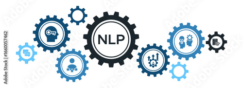 NLP (Neuro-Linguistic Programming) Banner Vector Concept Featuring Icons for Personal Development, Coaching, Language, and Achieving Goals