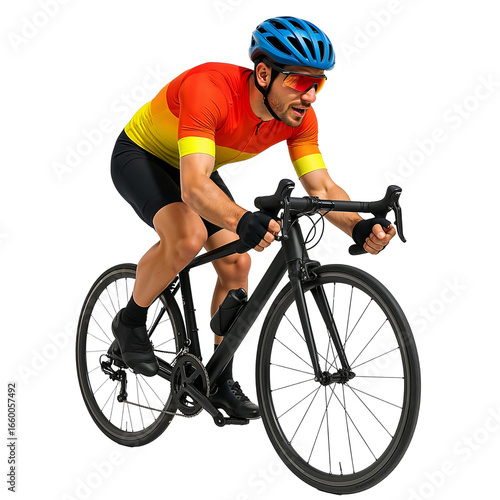 Professional cyclist racing on black bicycle with colorful jersey  