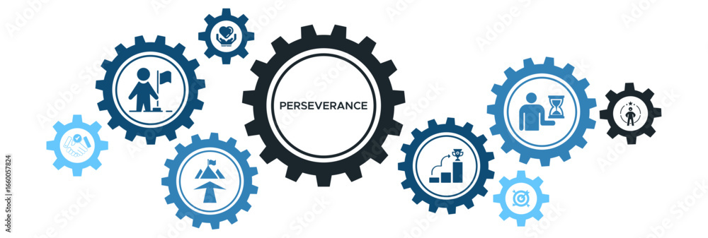 Goal-Oriented Perseverance Banner Vector Illustration Concept with Focus, Confidence, Diligence, Achievement, and Success Icons Goal-Oriented Perseverance Banner Vector Illustration Concept with Focus, Confidence, Diligence, Achievement, and Success Icons