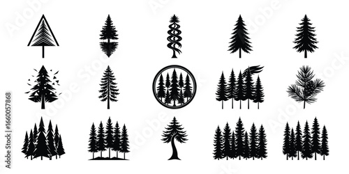 Evergreen forest icons pack featuring pine, spruce, and fir silhouettes on white