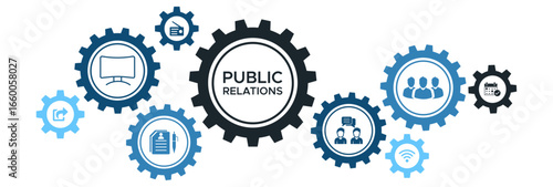 Comprehensive Public Relations Web Icon Banner Concept with Communication, Social Media, Events, and Customer Interaction Icons