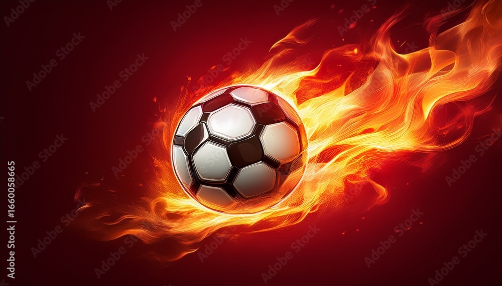 Obraz premium flaming soccer ball streaking through the air leaving a trail of fire and smoke against a deep red gradient background dynamic sports concept