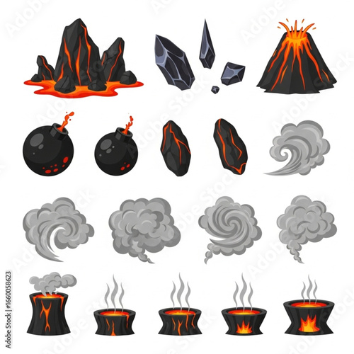 Cartoon illustration set of volcano, lava, rocks, bomb and smoke elements.