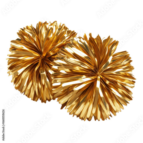 Metallic gold cheerleading pom poms pair isolated on transparent background