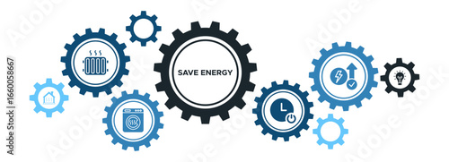 Save Energy Banner Concept: Power Efficiency, Insulation, Heating, Standby & Light Optimization