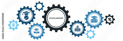 Scholarship Program Banner Vector Concept Featuring Icons for University Education, Scholarships, Loans, and Graduation Diplomas