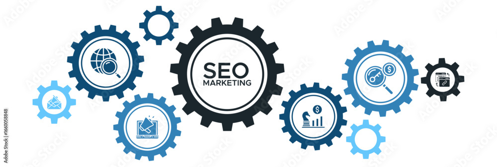SEO Marketing Banner Vector Concept Featuring Icons for Search Optimization, Keyword Research, Strategy, Backlinks, and Email Marketing SEO Marketing Banner Vector Concept Featuring Icons for Search Optimization, Keyword Research, Strategy, Backlinks, and Email Marketing
