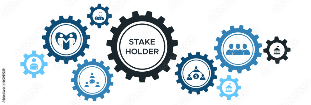 Obraz premium Vector Illustration for Stakeholder Relationship Banner Featuring Icons for Investors, Government, Community, Suppliers, and Trade Unions
