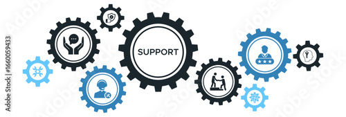 Website Support Banner Vector Concept with Icons of Service, Expert Advice, Assistance, Reliability, and Problem-Solving Solutions