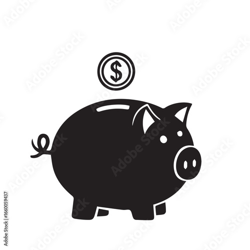 Piggy Bank Silhouette Icon with Coin - A Simple Symbol of Savings and Financial Growth