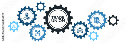 Trade Union Banner Vector Concept Featuring Icons for Labor Rights, Organization, Collaboration, and Legal Delegation