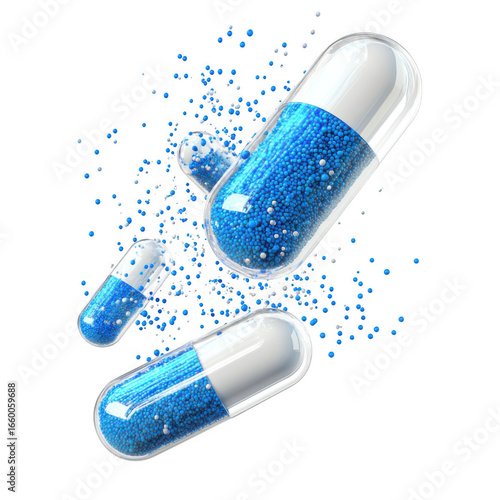  Flying falling open capsule with blue and white granules isolated [Transparent Background PNG]
