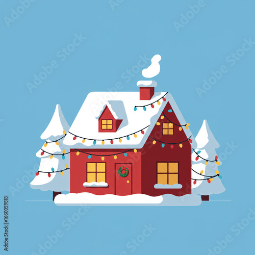A whimsical cartoon house with a red roof blanketed in snow and a festive wreath on the door