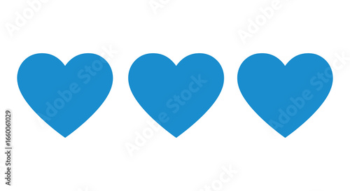 Three blue hearts in a row on a white background