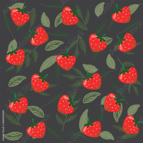 A seamless vector pattern with bright red strawberries and green leaves on a dark background,is ideal for packaging, wrapping, or textiles.