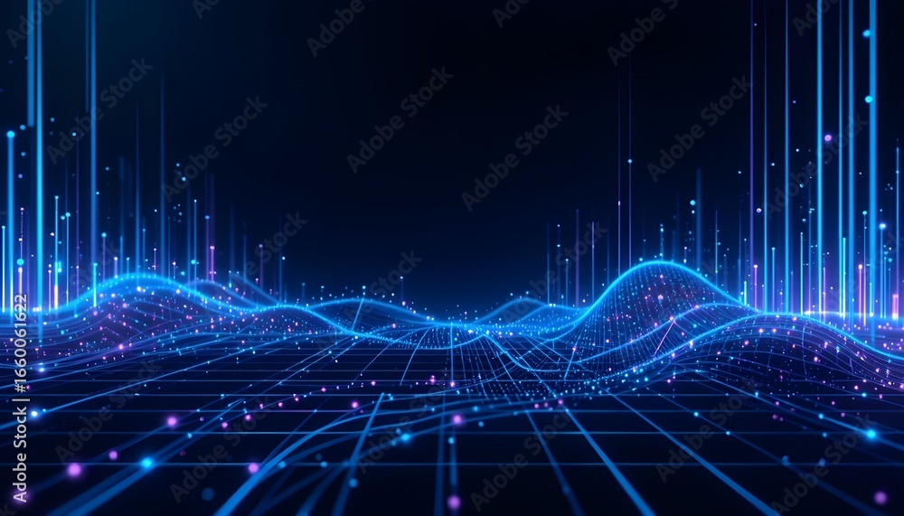 Fototapeta premium Futuristic Abstract Data Visualization with Glowing Gradient Lines and Dots on Dark Background. 