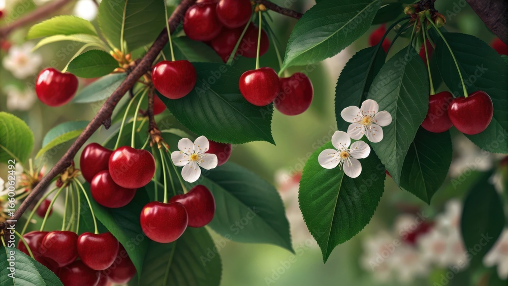 Fototapeta premium Ripe red cherries hang from a branch with white blossoms and green leaves