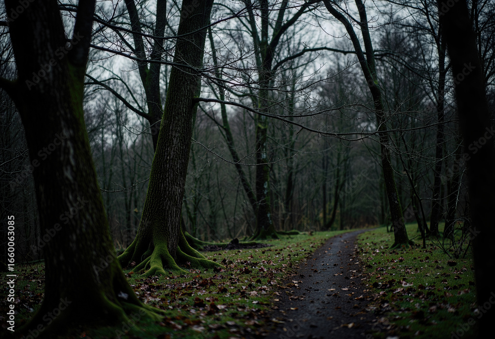 Obraz premium A winding footpath through a dark, moody deciduous forest with moss-covered trees, evoking a sense of solitary wandering and quiet contemplation in nature. 
