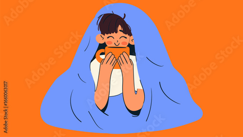 Man drinks hot drink wrapped in a warm blanket. Boy enjoying good morning. Isolated vector illustration.	