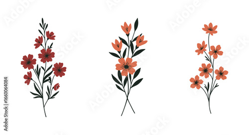 Three sets of flowers in red and orange colors with green leaves