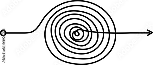 Flat circular spiral illustrated with thick continuous lines coiling inward in a rounded path.