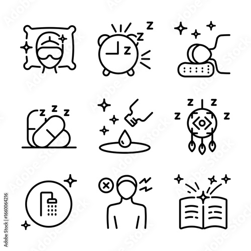 Sleep Hygiene And Wellness icons set. Tips better sleep signs. Promoting relaxation and better sleep through mindful habits and routines