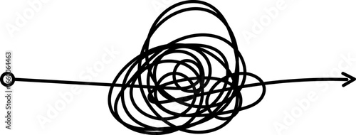 Knot with exit arrow illustrated using thick entangled lines and a marked directional arrow.