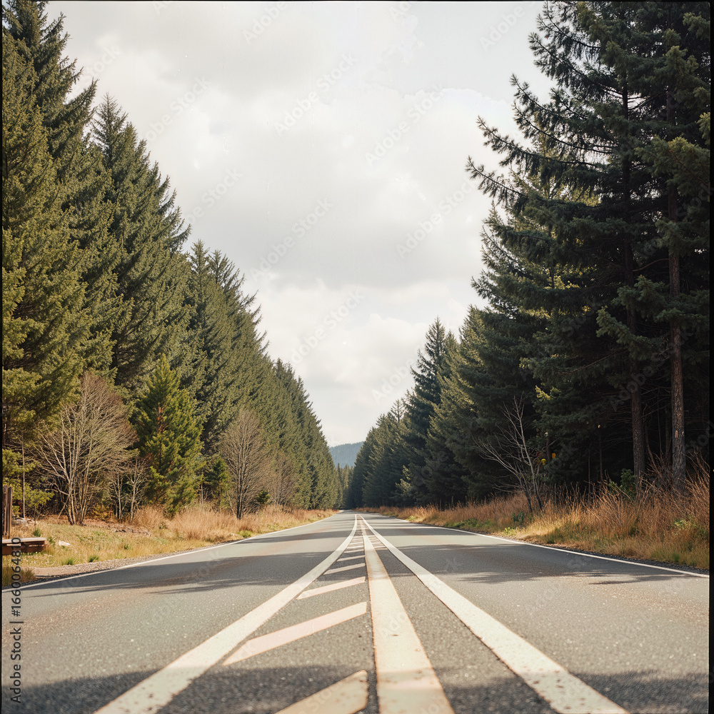 Naklejka premium An empty two-lane road stretching through a dense evergreen forest under a cloudy sky, symbolizing a journey into nature's solitude and serene wilderness.
