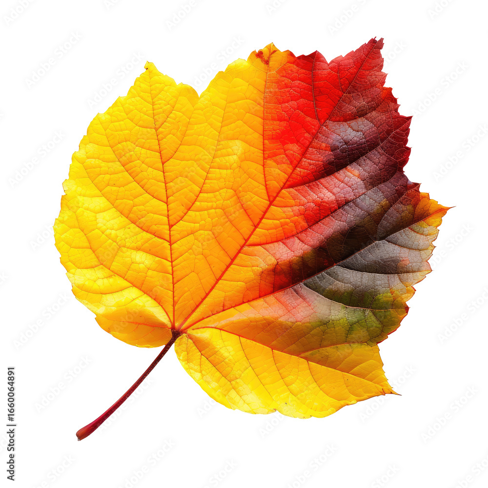 Fototapeta premium Colorful Leaf Displaying Fall Colors Isolated on Black Background