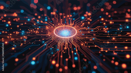 Central glowing processor chip on a complex circuit board with radiating light technology.