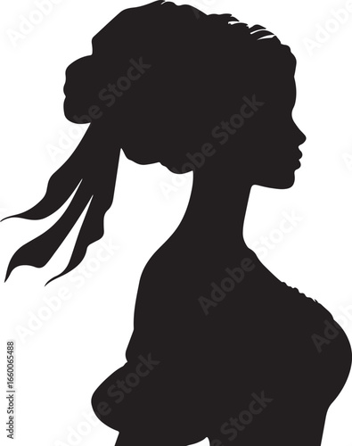 A black and white silhouette of 1800s caribbean fashion woman, facing right, with her hair styled up and flowing fabric at the back of her head.