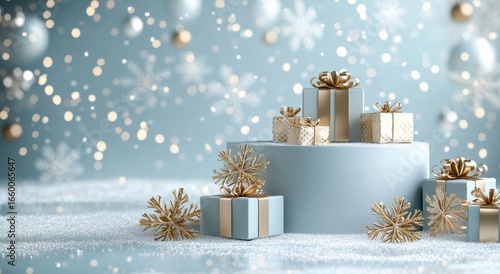 Elegant winter wonderland scene with blue gift boxes and golden ribbons set against a light blue snowy background featuring artistic golden snowflakes and frosted Christmas trees