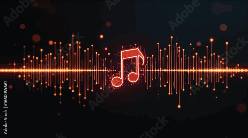 Digital music equalizer with glowing red musical note and sound waves audio soundwave.