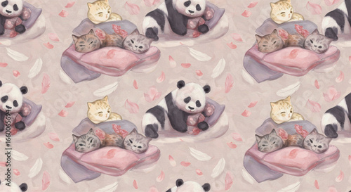Cute Pandas and Kittens Sweet Dream Watercolor Seamless Pattern
