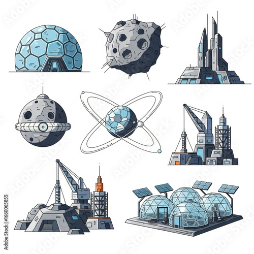 Set of futuristic space base elements, including domes, asteroids, and buildings.
