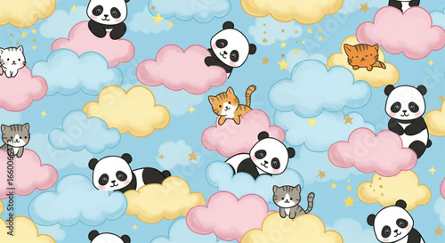 Cute Cartoon Pandas and Kittens on Dreamy Pastel Clouds Seamless Pattern