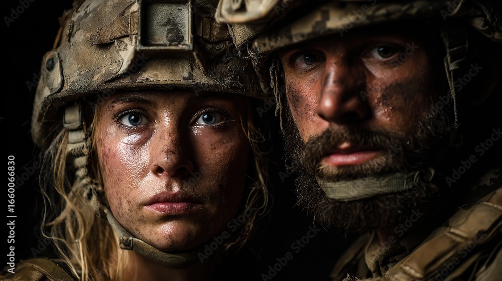 Fototapeta premium Dramatic portrait of young female and male soldiers in camouflage helmets with tired faces and sad expressions against dark background, symbolizing war trauma and emotional impact