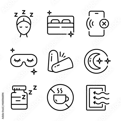 Sleep Hygiene And Wellness icons set. Tips better sleep signs. Promoting relaxation and better sleep through mindful habits and routines
