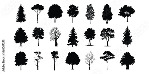 Grid of 20 black tree silhouettes—featuring diverse shapes, foliage, and branching styles for botanical reference and landscape design