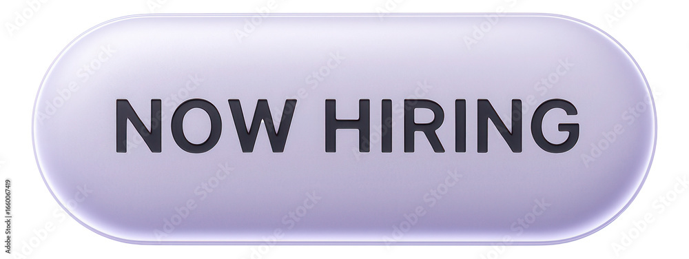 Fototapeta premium Glossy oval sticker with NOW HIRING announcement in bold lettering, engaging retail job promotion on transparent background.