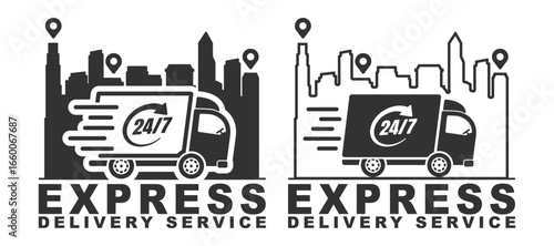 Delivery Truck Icon Set, Fast Shipping Truck, Express Logistic Sign, Quick Parcel Courier, 24 Hours Service Symbol, Vector Illustration on transparent background