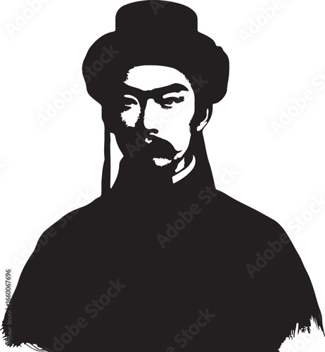 A black and white illustration of a man in traditional Chinese attire, wearing 1800s chinese fashion man hat and long coat, his face is clearly visible.