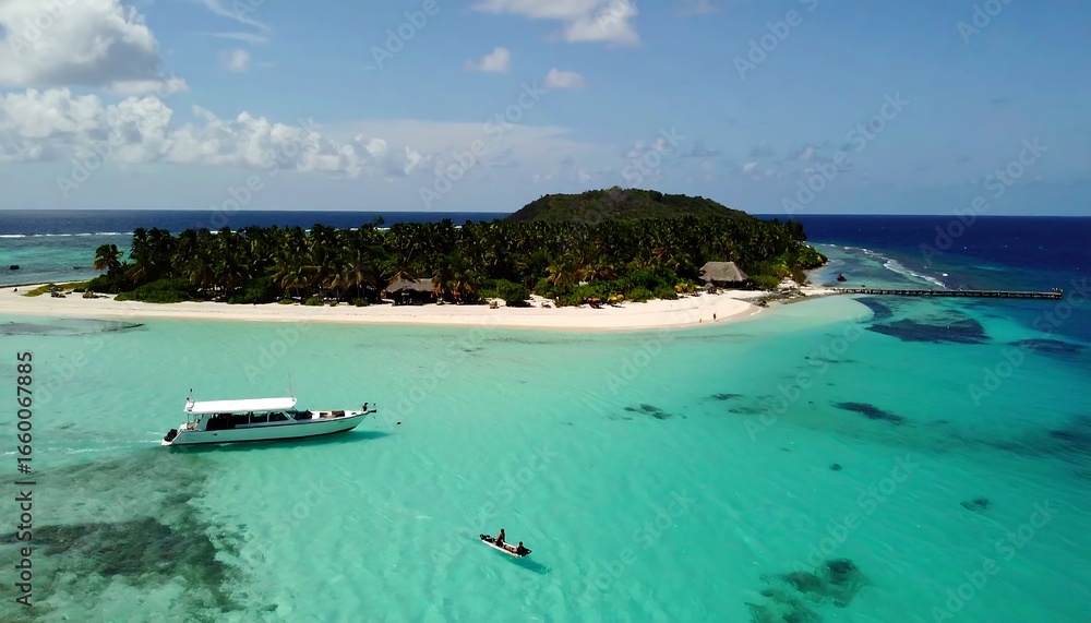 Obraz premium A pristine tropical island paradise boasts a beautiful white-sand beach, turquoise water, and a luxurious yacht.