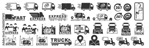Delivery Truck Icon Set, Fast Shipping Truck, Express Logistic Sign, Quick Parcel Courier, 24 Hours Service Symbol, Vector Illustration on transparent background