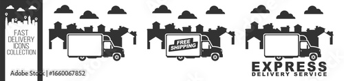 Delivery Truck Icon Set, Fast Shipping Truck, Express Logistic Sign, Quick Parcel Courier, 24 Hours Service Symbol, Vector Illustration on transparent background